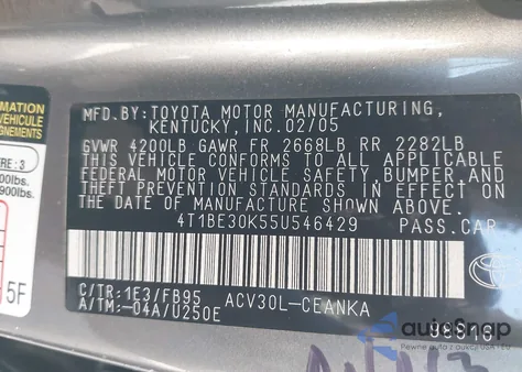 2005 Toyota Camry Le z USA, uszkodzony, nr VIN 4T1BE30K55U546429